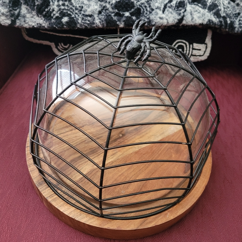 New Spiderweb cloche glass wood wire dome display charcuterie halloween goth